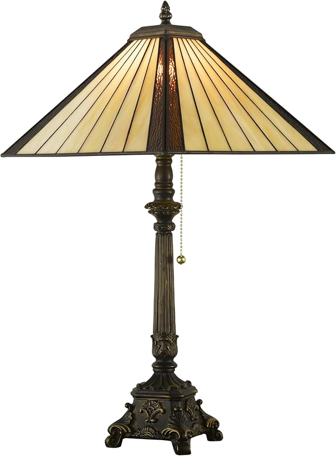 Tiffany Table Lamps Yellow Brown Stained Glass Striped Checkered Style Mission Desk Lamp 12X12X24 Inch Bronze Resin Base