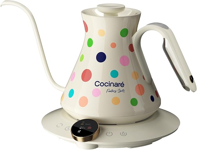 Cocinare FLOW M6 Pro Electric Gooseneck Kettle with Color-Changing Design, ±0.5℉ Temperature Control for Pour-over Coffee & Tea, Stainless Steel Interior, Quick Heating for Boiling Water (Polka)