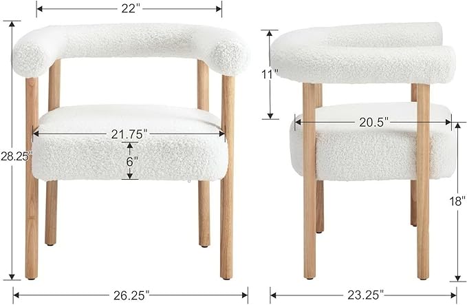 White Boucle Dining Chairs Set of 6, Modern Upholstered Dining Chairs, Curved Backrest Kitchen Dining Room Chairs Accent Chairs Arm Chairs with Natural Wood Legs