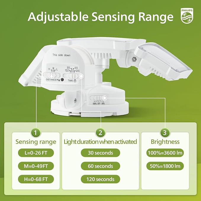 Philips 3600LM Solar Security Lights w/PIR Motion Sensor Outdoor, Waterproof Dimmable, 16ft Cable Separate Solar Panel w/3 Modes LED Flood Lights for Yard, Garage, Porch
