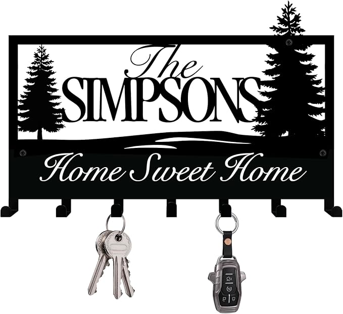 NIWAHO Personalized Family Name Metal Wall Sign with Hooks – Tree Key Rack Holder Wall Mount Customized Name for Entryway, Mudroom, Kitchen, or Cabin Decor