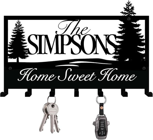NIWAHO Personalized Family Name Metal Wall Sign with Hooks – Tree Key Rack Holder Wall Mount Customized Name for Entryway, Mudroom, Kitchen, or Cabin Decor