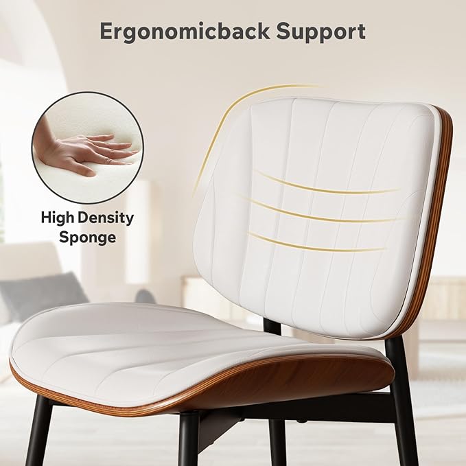 Dining Chairs Set of 8, Mid Century Modern Dining Room Chair, Upholstered Faux Leather Kitchen Chairs with Walnut Bentwood Back and Metal Legs for Kitchen Dining Room Living Room, White