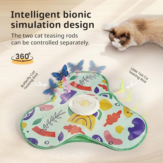 Hide and Seek Interactive Cat Toys, Moving Concealed Wand Feather, Automatic Chargeable Indoor Kitten Exercise Kicker, Mouse Squeaky, Floral Cover