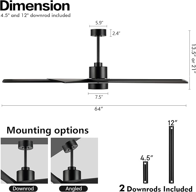 WINGBO 64" DC Ceiling Fan with Lights, 5 Carved Solid Wood Blades, 6-Speed Reversible DC Motor, Matte Black Finish Ceiling Fan with Remote, Black