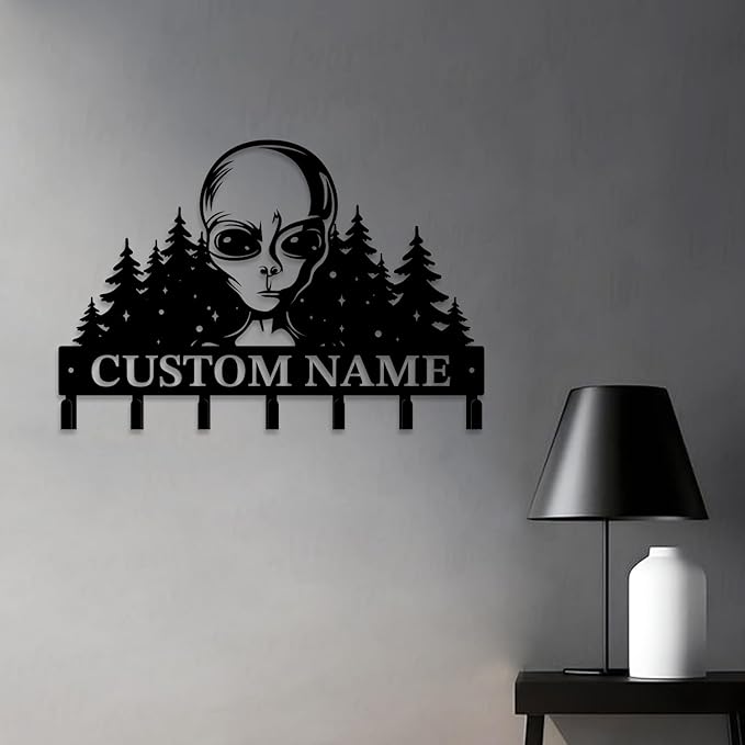 Personalized Custom Alien ET Metal Wall Keys Hooks,Clothes Hooks Alien ET Art Coat Racks,Door Holder,Black Alien ET Decorations for Home,Entrance Doors,Hallway, Bedroom,Keys,Hats (Style B)