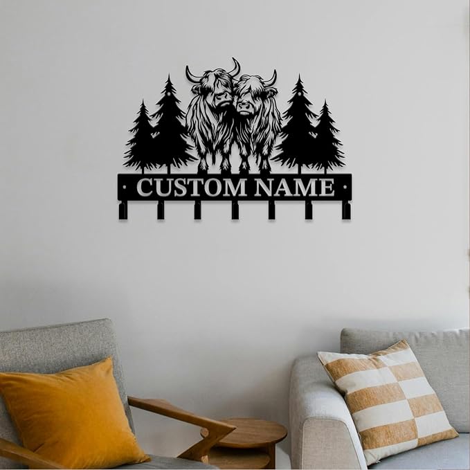 Personalized Highland Cow Metal Keys Hooks,Custom Name Metal Highland Cow Keys Hooks,Black Metal Highland Cow Wall Home Storage Decorative Keys Hooks,Key Holder Hooks for Wall (Style I)
