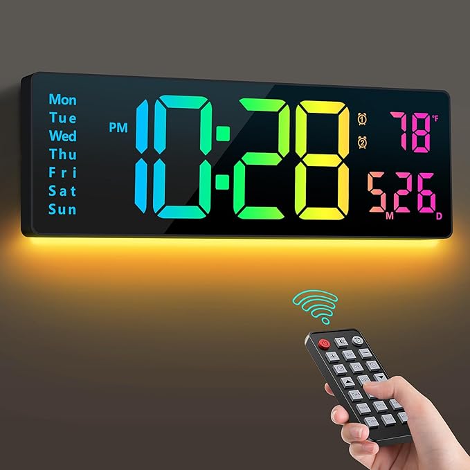 Digital Wall Clock 16", Wall Clocks with 11 RGB Colors, Alarm Clock with Night Lights, Large Digital Clock for Living Room Bedroom Office Classroom Decor, Auto DST, Temperature, Remote Control