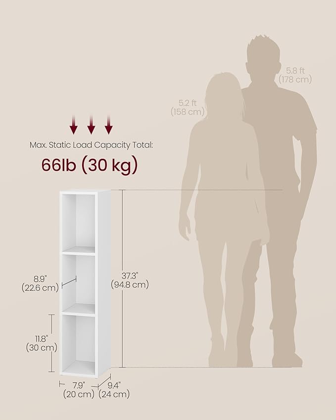 VASAGLE Custos Collection - Bookshelf, 3-Tier Bookcase, Book Shelf, Open Storage Shelf, 9.4 x 7.9 x 37.3 Inches, for Living Room, Home Office, Dining Room, Cloud White ULBC523W01