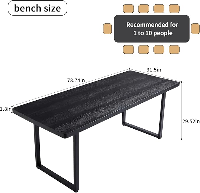 Modern Solid Wood Dining Table with Metal Base Stylish Durable Dining Room Table in Black Multiple Sizes Home Use Office Desk(78.74in)
