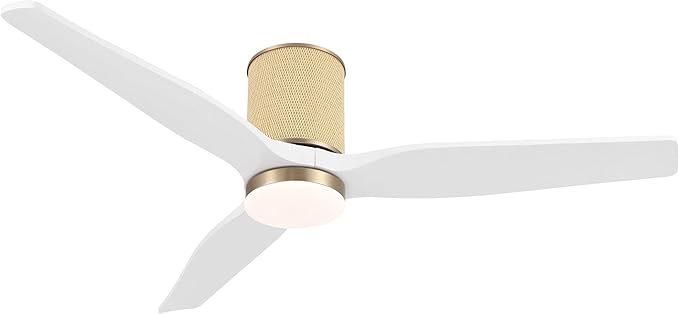 52" Ceiling Fan with Light - Low Profile Flush Mount Ceiling Fan, 6-Speed Remote Control, Solid Wood, Quiet Reversible DC Motor, Boho Style, for Bedroom, Living Room, Porch White/Gold