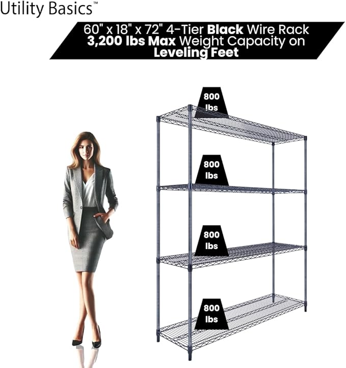NSF Commercial 4-Tier Wire Shelving with Wheels, 60"x18"x72" Heavy Duty Metal Shelves 3200 lbs Max Capacity, Black Storage Rack for Garage Kitchen Pantry Warehouse
