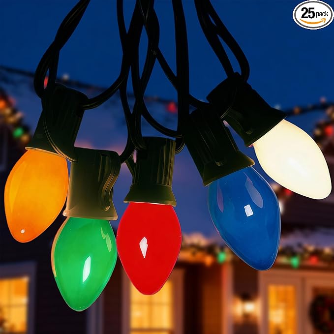 C7 LED String Lights,25Ft Retro Ceramic Multicolor Lights with 27 Vibrant LED Bulbs (2 Spare) on Green Wire–Perfect for Christmas, Parties, Backyard & Wedding Décor