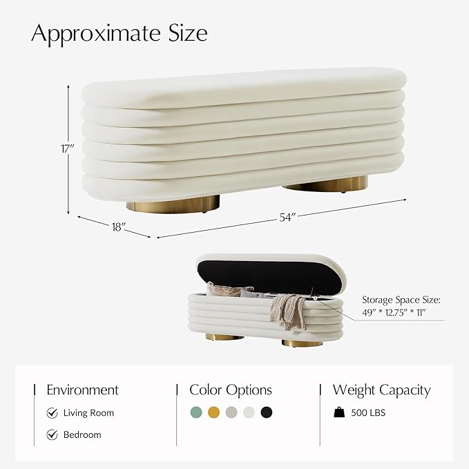 HULALA HOME Velvet Storage Bench, Large Upholstered Ottoman with Button Tufted Design for Living Room, Bedroom, Entryway, or Window, End of Bed Bench with Shoe Storage, Modern Home Decor, Ivory