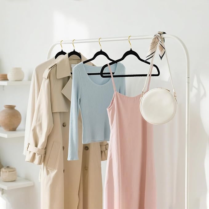 ManGotree Velvet Coat Hangers with 360° Swivel Gold Hook, Non-Slip Felt Suit Hangers, Slim Space Saving Clothes Hanger for Jacket, Sweater, Shirt, Dress, Pants (48 Pack, Black)