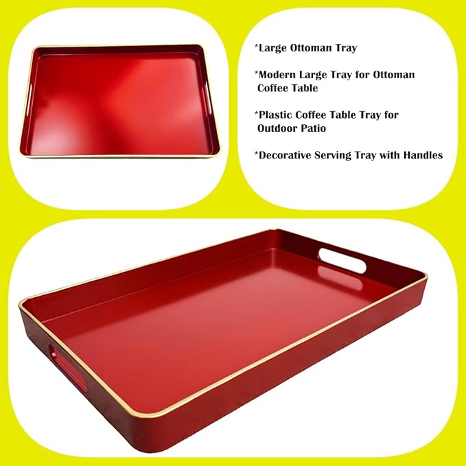 Large Red Tray, Elegant Plastic Coffee Table Tray for Ottoman, Home Decor, Living Room.16.7"*12"*1.6"