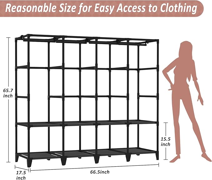 Wardrobe Closet, Quick and Easy Assembly, Gray Large Capacity Portable Closet with 4 Hanging Rods 8 Storage Shelves and 8 Side Pockets, Clothes Rack with Cover, for Bedroom and Living Room