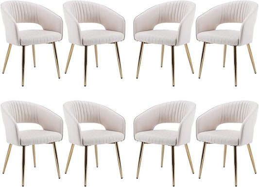 Modern Dining Chairs Set of 8, Upholstered PU Leather Gold Dining Room Chairs with Hollow Back, Accent Armrest Kitchen Chairs with Gold Legs for Living Room Cream