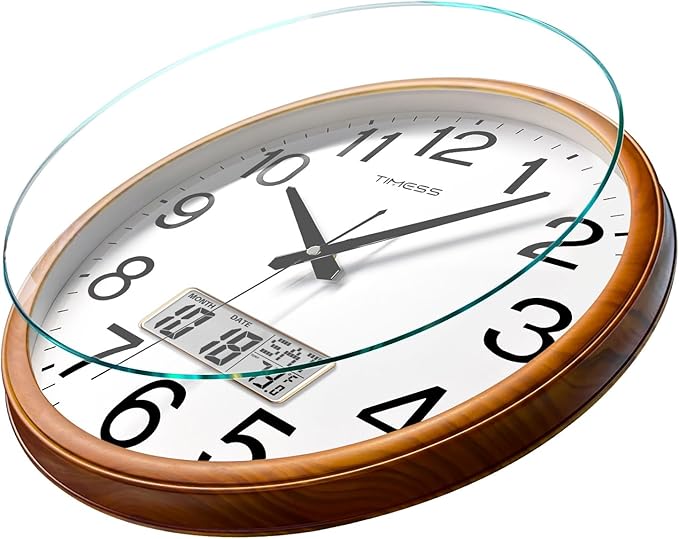 Wall Clock, Classic Wood Style Finish, 16 Inch Non-Ticking Silent Battery Operated Quartz Analog with Perpetual Calendar and F° Temperature Display, Home, Office Décor (Wood Yellow)