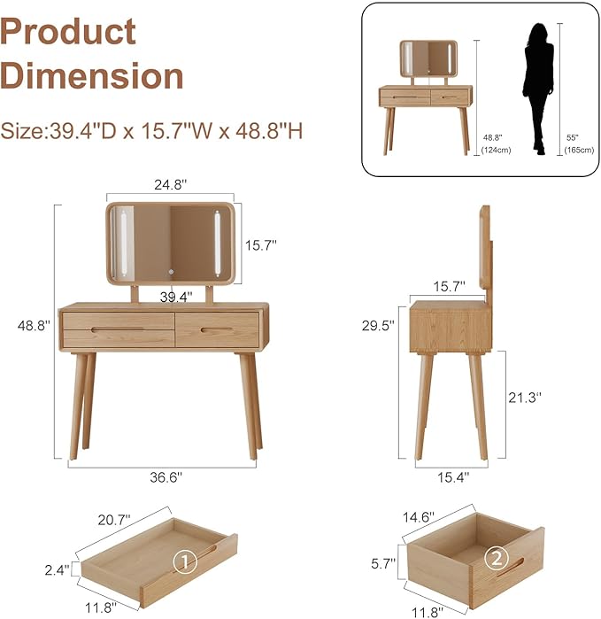 Solid Wood Vanity Desk with Mirror and Lights,Adjustable Height and Brightness, Makeup Vanity with 3 Drawers,Semi-Assembled,Dressing Table for Bedroom (Natural)