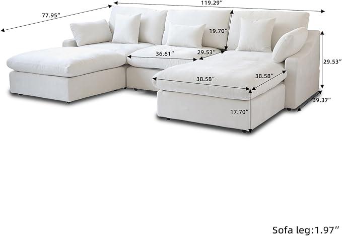 120" Cloud Couch Modular Sectional Sofa with Ottoman,Down Filled U Shaped 5 Seater Convertible Sofa,Cover Washable and Replaceable Couches for Living Room,White