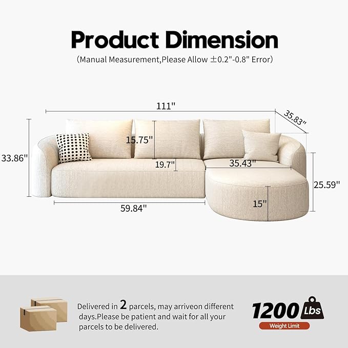 111" Modular Sectional Couches Luxury Modern Curved Back Sofa,Minimalist Comfy L-Shape Boneless Cloud Couch for Living Room Apartment,(Right Facing Chaise,White)
