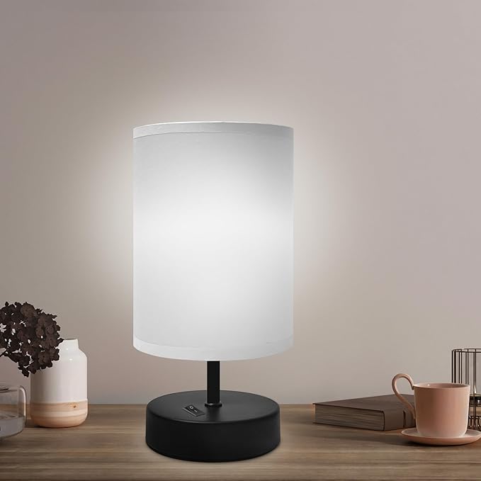 Small Bedside Lamp - Minimalist Table Lamp with Round Gray Fabric Shade - 9 Inch Desk Reading Lamp for Bedroom, Dorm, Living Room, Office - 1 Pack