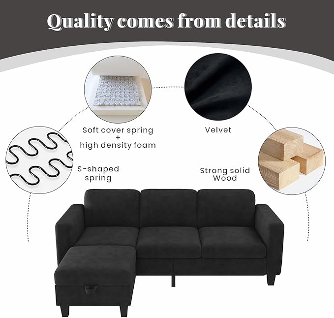 Sectional Sofa Couches for Living Room - 78''Convertible Modular Three-Seater L-Shaped Pet-Friendly Couch,Washable Sofa Cover-Bench Storage, Suitable for Small Living Room, Apartment,Office-Black