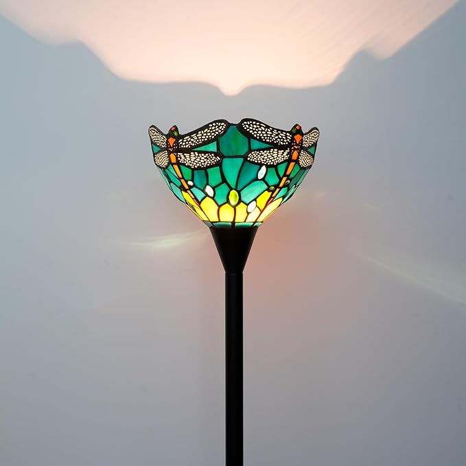 Tiffany Floor Lamp Tochiere Standing Green Dragonfly Style Stained Glass Floor Light Vintage Tall Pole Uplight Lamp Rustic Corner Lamp with Foot Switch for Home Decor Living Room Bedroom