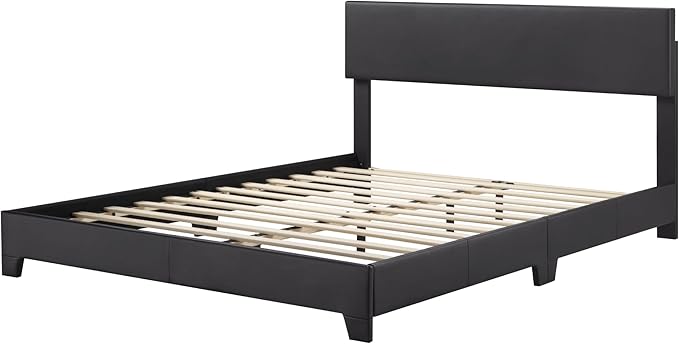 Allewie Queen Bed Frame with Adjustable Headboard, Faux Leather Platform Bed with Wood Slats, Heavy Duty Mattress Foundation, No Box Spring Needed, Noise-Free, Easy Assembly, Black