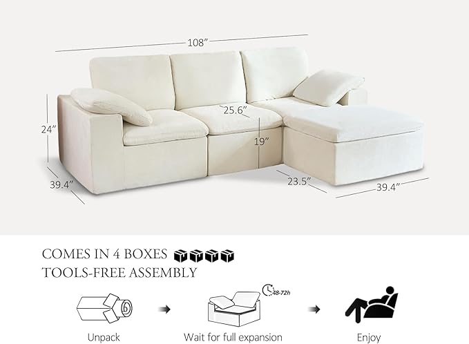 Cloud Couches for Living Room, 108” Boneless Couches Oversized Modular Sectional Sofas, Adjustable Backrest, No Assembly, Comfy Deep Seats, 3-Seater&1 Ottoman, Beige