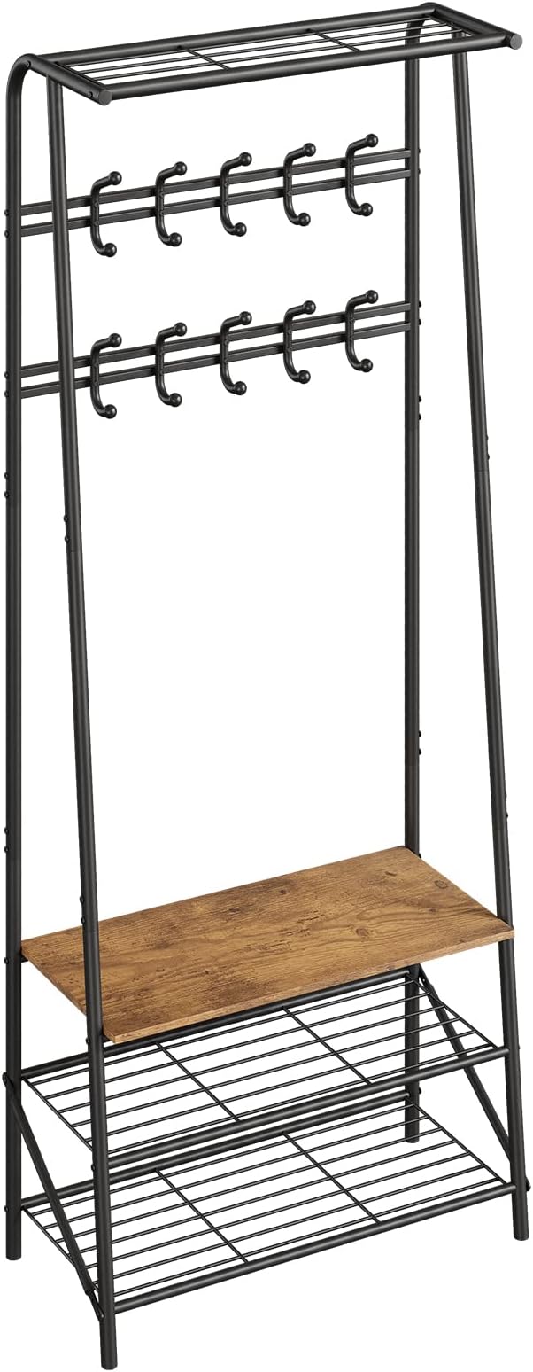 MDF Hall Tree with Bench, 4-in-1 Entryway Coat Rack with Storage Shelf & Shoe Organizer, Sturdy Freestanding Furniture for Living Room, Bedroom, Mudroom