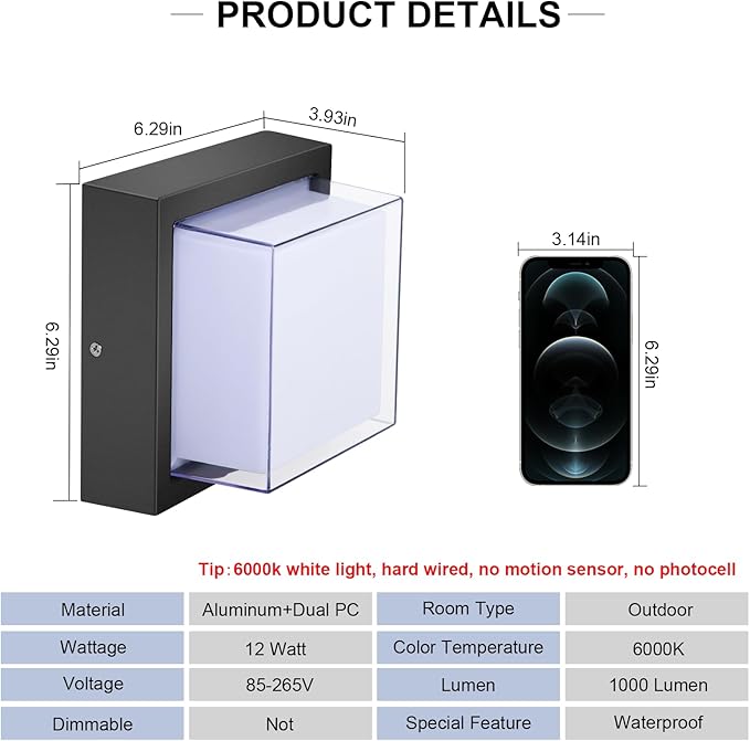 Exterior Wall Lights, Modern Waterproof Outdoor Ceiling Wall Mount Lighting, Black Square Small Led Porch Light with Anti-Rust 6000K Daylight 12W for Garage, Entryway,House