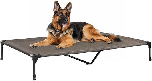 Veehoo XL Outdoor Elevated Dog Cot Bed, Cooling Raised Pet Bed, Washable Breathable Mesh Hammock Bed with No-Slip Feet, Indestructible Ground Off Training Platform Cot-49"x33" Brown
