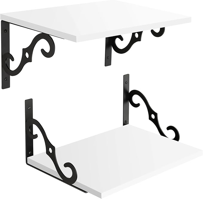 DINZI LVJ Deep Floating Shelves, 16" W x 12" D Wall Shelves Set of 2, Wide Display Shelf Wall Mounted with Brackets, Easy-to-Install Bookshelf for Living Room, Bathroom, Bedroom, White