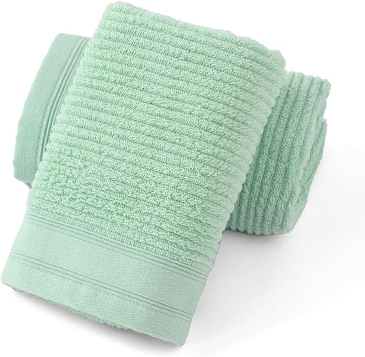 YiLUOMO Ribbed Striped Hand Towel Set of 2 Soft and Absorbent 100% Cotton Bathroom Hand Towel Decorative 13 x 29 Inch (Green)