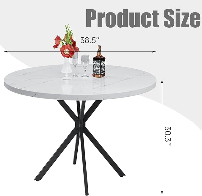Round Dining Table, 39 Inch Modern Round Kitchen Table White Dining Table with Black X Base, Leisure Table for 4-5 People Small Space Dining Room, Apartment, Kitchen