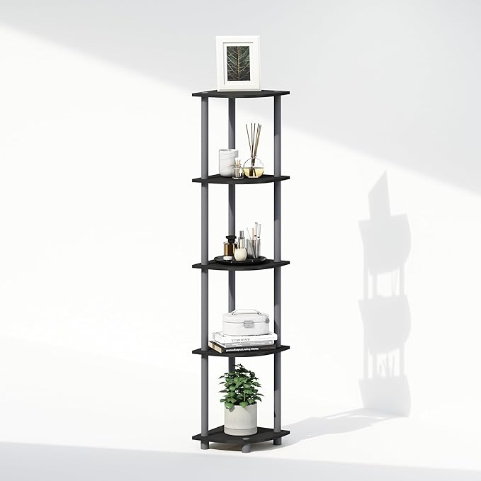 Furinno Turn-N-Tube Storage Shelves, 5-Tier Book Shelf, Corner Shelf, Toolless Open Shelves, for Organization and Storage, Living Room, Home Office, Hallway, Bedroom, Black