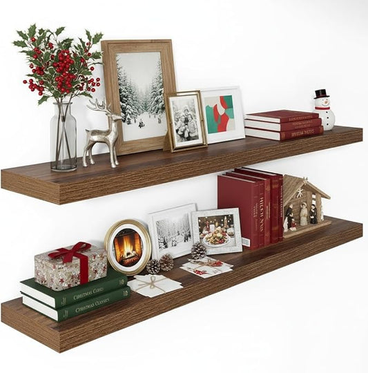 Vivelove Wide Floating Shelves for Wall 12 Inch Deep, 47.2" X 12" X 2" Floating Shelf, 2 Inch Thick Shelf for Living Room Bathroom Bedroom Kitchen Book Room, Rustic Farmhouse Decor Set of 2, Walnut