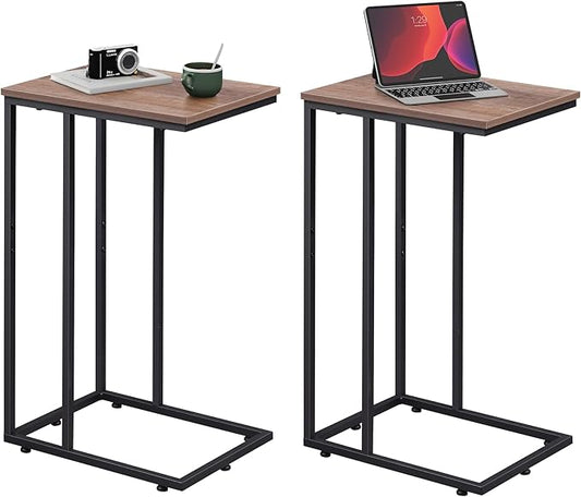 WLIVE Brown Side Table Set of 2, C Shaped End Table Sets, Small Sofa Side Tables Bedroom, Living Room, Home Office, 2-Tier Couch Bedside Table for Small Spaces