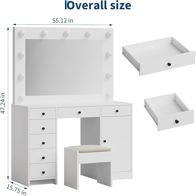 Garvee White Vanity Desk with Mirror and Light, Makeup Vanity Table with Charging Station, 7 Storage Drawers, 1 Cabinet, 3 Color Lighting Modes, Modern Wooden Dressing Table for Bedroom