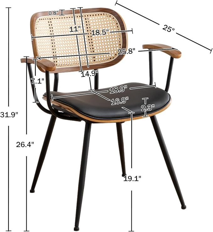 Rattan Dining Room Chairs Set of 2,Mid Century Modern Kitchen Side Chairs,Metal Legs Desk Chairs,Faux Leather Accent Chairs with Arms and Rattan Backrest,Black PU
