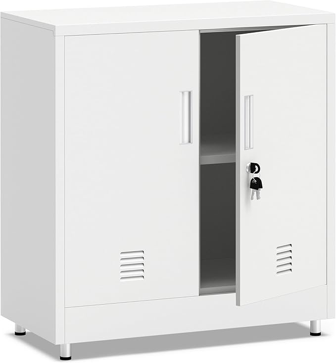 Metal Storage Cabinet with Locking Doors and Adjustable Shelf, Small Lockable Sideboard Buffet Cabinet for Home, Office, Entryway, Hallway, Living Room, Kitchen and Dining Room (White)