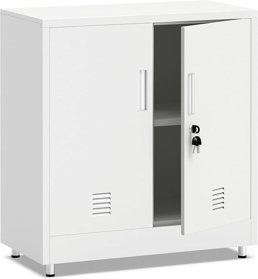 Metal Storage Cabinet with Locking Doors and Adjustable Shelf, Small Lockable Sideboard Buffet Cabinet for Home, Office, Entryway, Hallway, Living Room, Kitchen and Dining Room (White)