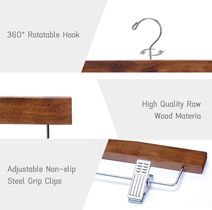 Nature Smile Deluxe Wooden Pants Hangers,Solid Lotus Wood Jeans Skirt Hanger with Clips Anti-Rust Hook Pack of 28（Retro）