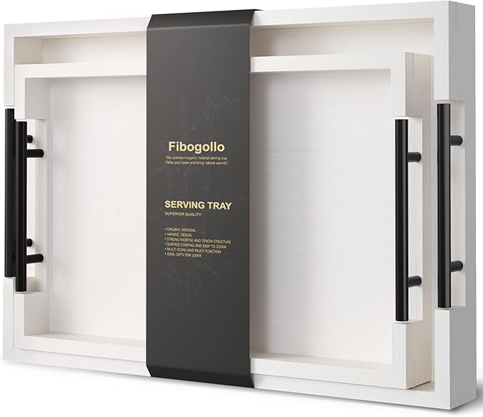 Bamboo Set of 2 Serving Tray with Metal Handles,Ottoman Decorative Trays Platter for Coffee Table,Living Room,Bar,Party(White)