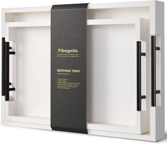 Bamboo Set of 2 Serving Tray with Metal Handles,Ottoman Decorative Trays Platter for Coffee Table,Living Room,Bar,Party(White)