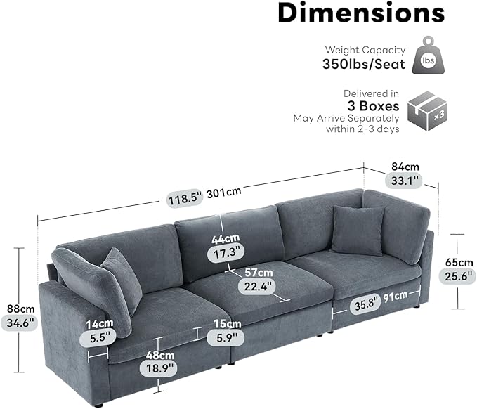 Tbfit Modern Sectional Sofa, Down-Filled Cushions, Extra Comfy Cloud Couch for Home, Living Room, Grey