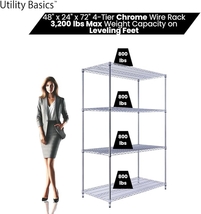 NSF Commercial 4-Tier Wire Shelving with Wheels, 48"x24"x72" Heavy Duty Metal Shelves 3200 lbs Max Capacity, Chrome Storage Rack for Garage Kitchen Pantry Warehouse