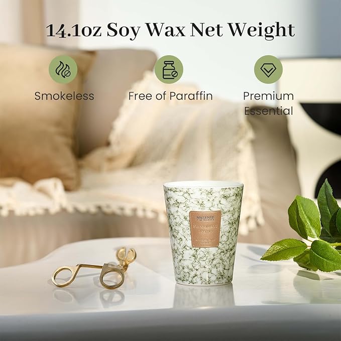 M&SENSE Sandalwood Jasmin Scented Soy Candle, 3 Wick Highly Scented 14.1 Oz 80H, Aromatherapy Christmas Gift for Women and Men